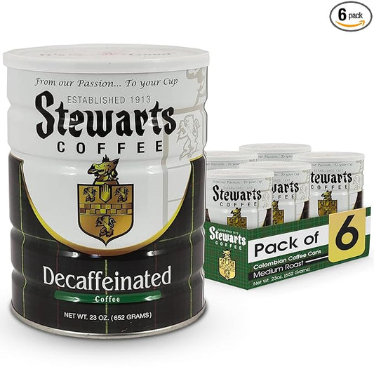 Stewarts - Medium Roast Decaffeinated Coffee - Smooth & Flavorful Ground Decaf Coffee - Vacuum Sealed Bag - Decaf Blend for Rich Taste & Aroma - Ideal for Daily Brewing & Enjoyment (23oz, Pack of 6)
