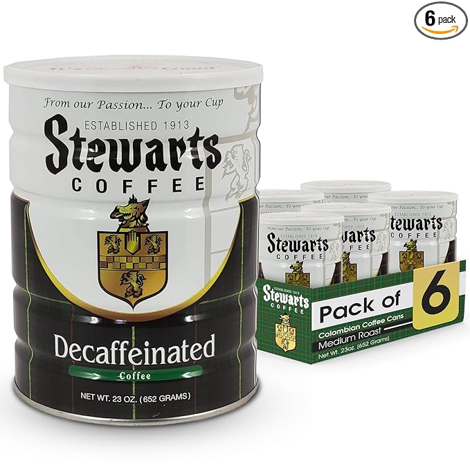 Stewarts - Medium Roast Decaffeinated Coffee - Smooth & Flavorful Ground Decaf Coffee - Vacuum Sealed Bag - Decaf Blend for Rich Taste & Aroma - Ideal for Daily Brewing & Enjoyment (23oz, Pack of 6)