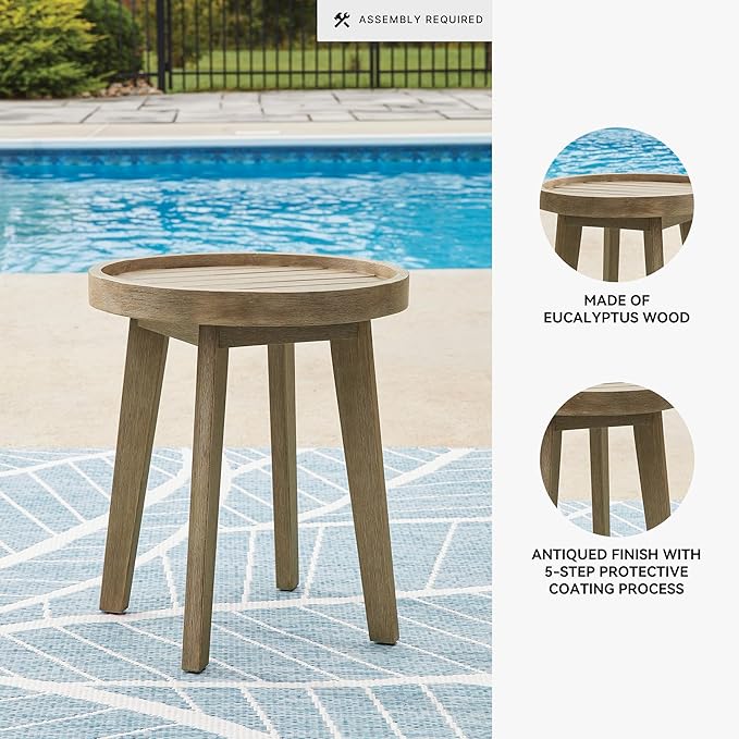 Signature Design by Ashley Bradstreet Bay Casual Weather Resistant Eucalyptus Wood Outdoor End Table with Slatted Top, Light Brown