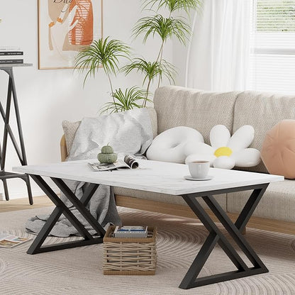 Coffee Table White Living Room Center Table, Simple Modern Faux Marble Rectangular Tea Table with Sturdy Black Metal Frame,Industrial Wooden Coffee Table for Bedroom Home Office