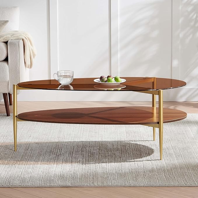 Oval Glass Coffee Table, Mid-Century Modern Design, L43 x W21 x H17 inch, for Living Room, 2-Tier Structure, Amber Glass Top, Walnut Finish Wood Shelf & Gold Finish Frame