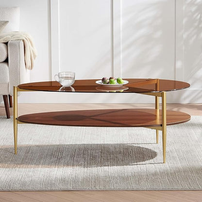 Oval Glass Coffee Table, Mid-Century Modern Design, L43 x W21 x H17 inch, for Living Room, 2-Tier Structure, Amber Glass Top, Walnut Finish Wood Shelf & Gold Finish Frame