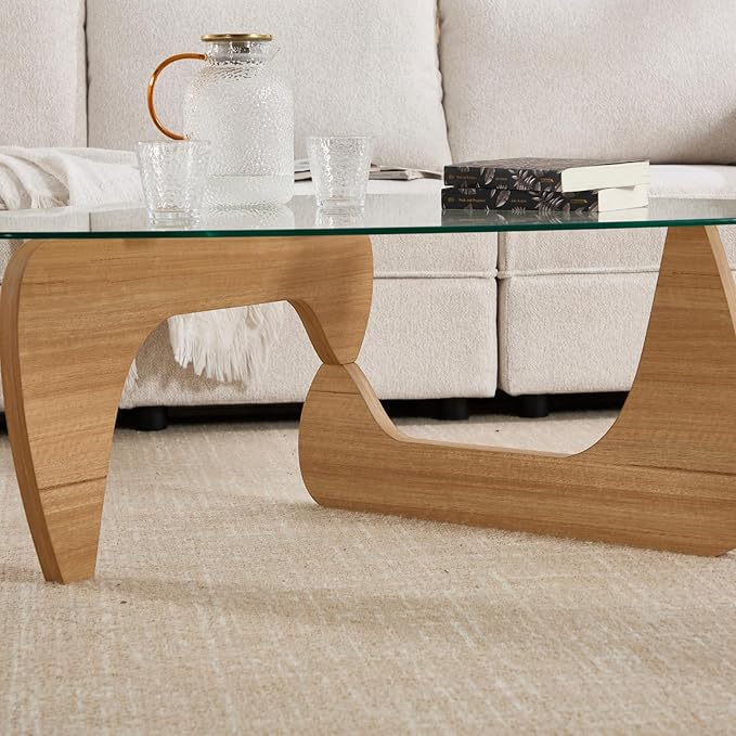 Modern Noguchi Coffee Table, Triangle Coffee Table with Tempered Glass Modern Vintage Glass Tea Table Wood Glass Accent Center Table for Living Room, 22.5"x32.5"x16", Log Transparent