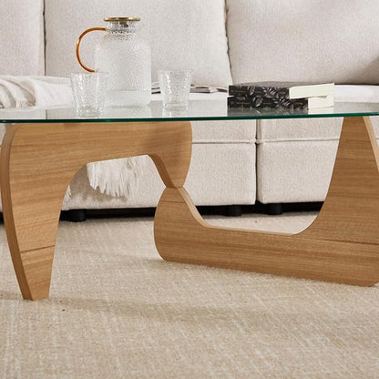 Modern Noguchi Coffee Table, Triangle Coffee Table with Tempered Glass Modern Vintage Glass Tea Table Wood Glass Accent Center Table for Living Room, 22.5"x32.5"x16", Log Transparent