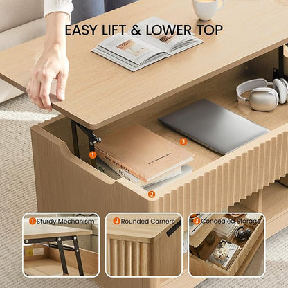 Amada Lift Top Coffee Table with Storage Shelf & Hidden Compartment, Modern Fluted Rectangle Dining Table for Living Room, Home Office,Natural Oak