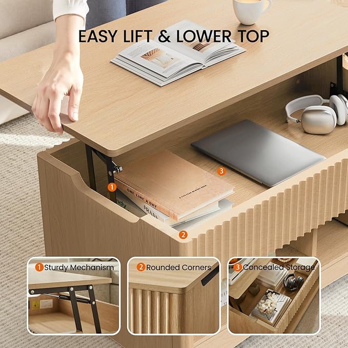 Amada Lift Top Coffee Table with Storage Shelf & Hidden Compartment, Modern Fluted Rectangle Dining Table for Living Room, Home Office,Natural Oak