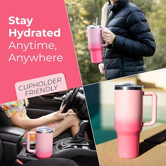 40 oz Tumbler With Handle and Straw Made of Stainless Steel - Double Wall Vacuum Insulated Tumbler With Lid - Sweat Proof Easy Grip, BPA-Free, Dishwasher Safe Tumbler (Misty Pink)