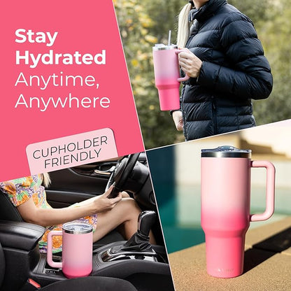 40 oz Tumbler With Handle and Straw Made of Stainless Steel - Double Wall Vacuum Insulated Tumbler With Lid - Sweat Proof Easy Grip, BPA-Free, Dishwasher Safe Tumbler (Misty Pink)