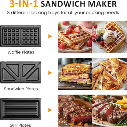 Sunvivi Waffle Iron, Panini Press Grill and Sandwich Maker Set, 3 in 1 Electric Sandwich Press with Removable Non-Stick Plates, Indicator Lights & Cool Touch Handle 750W