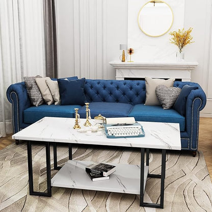 Lamerge Coffee Table, Modern Faux Marble Top Coffee Table with Metal Frame and Storage Shelf, 2-Tier Rectangle Accent Cocktail Table for Living Room, Office (White)