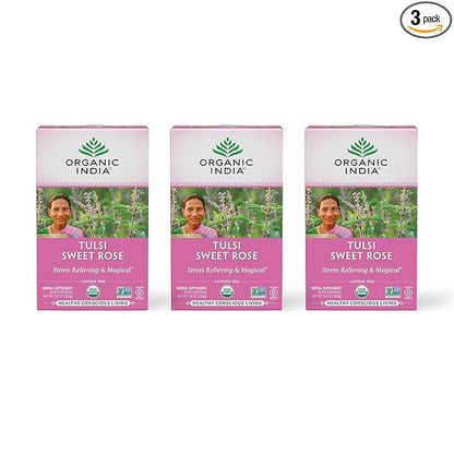 ORGANIC INDIA Tulsi Sweet Rose Herbal Tea - Holy Basil Leaf, African Basil, Chamomile, Lemon Myrtle, Stress Relieving, Caffeine Free - 18 Bags, 3 Pack