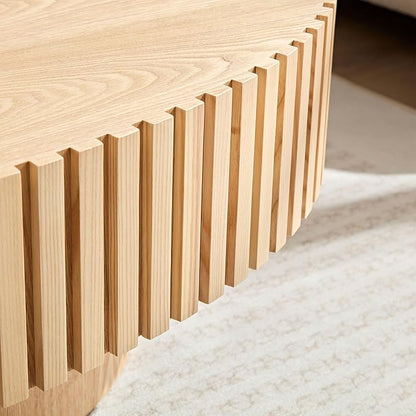 43.7 Inch Oval Drum Coffee Table, Modern Handcraft Fluted Drum Coffee Table, Wooden Round Coffee Table Center Table with Sturdy Pedestal for Living Room Apartment (Natural)