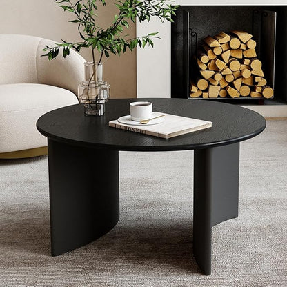 31.5'' Round Coffee Table, Black Circle Coffee Table with Curved Base, Solid Wood, Ideal for Living Room, Apartment, Compact Place