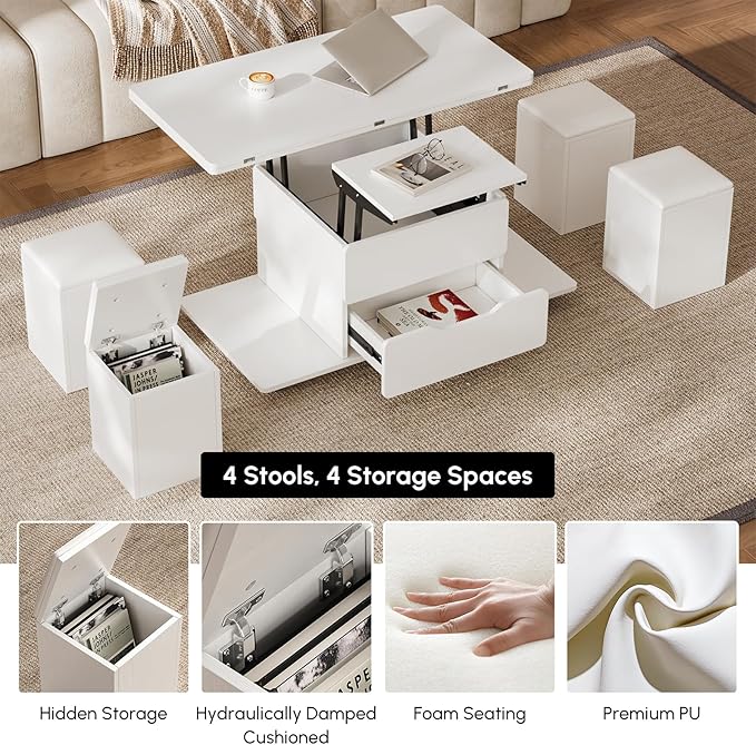 homary White Lift Top Coffee Table with Hidden Storage, 3 in 1 Multi-Function Modern Folding Center Table with 4 Stools and Casters