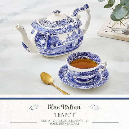 Spode Blue Italian Teapot with Infuser - 40 oz Countryside-Inspired Ceramic Teaware for Afternoon Tea, Earthenware Brunch Tableware, Vintage-Inspired Tea Party Hosting