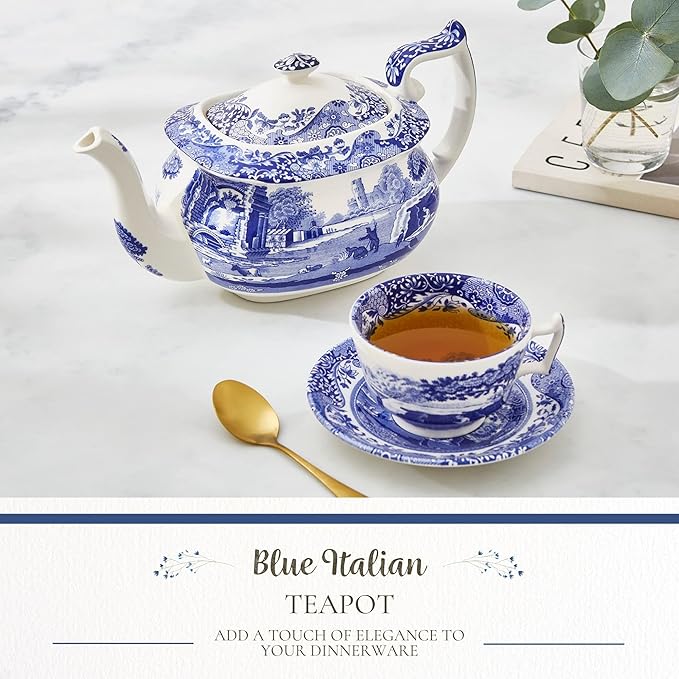 Spode Blue Italian Teapot with Infuser - 40 oz Countryside-Inspired Ceramic Teaware for Afternoon Tea, Earthenware Brunch Tableware, Vintage-Inspired Tea Party Hosting