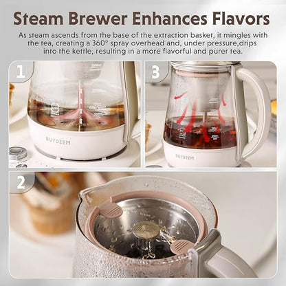 BUYDEEM K156 Tea Maker, Electric Kettle for Coffee and Tea Brewer, 6 Brew Strength Selection for Extracting, 4 Temperature Settings, Boil Dry Protection, 2 Hours Auto Keep Warm, Oat White, 1.5L/1.6QT