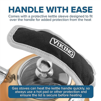 Viking 3-Ply Stainless Steel Tea Kettle, 2.6 Quart Stovetop Hot Water Pot with Tempered Glass Lid, Ergonomic Handle, Induction Ready, Rose Gold