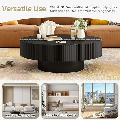 31.5 Inch Round Drum Coffee Table, Modern Handcraft Fluted Drum Coffee Table, Wooden Round Coffee Table Center Table Cocktail Table with Stable Pedestal for Living Room Apartment (Black)