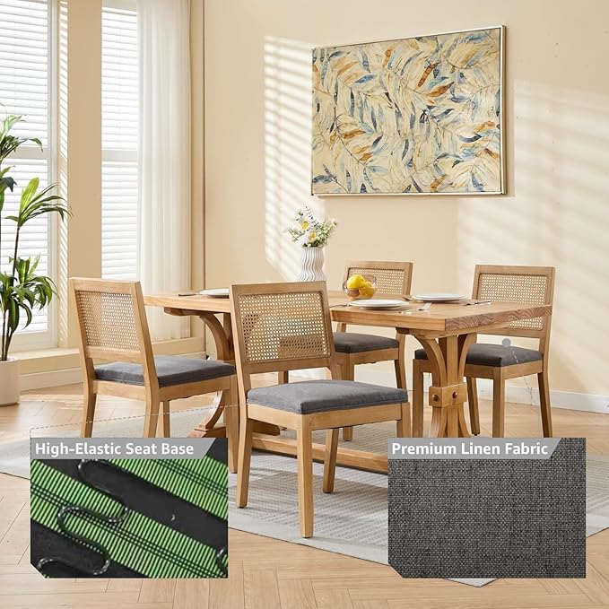 French Country Dining Chairs Set of 8, Grey Modern Kitchen & Dining Room Chairs, Rattan Dining Chair with Linen Upholstered Cushion, Low Cane Back, Wood Legs, Sillas de Comedor (Gray, 8 Pcs)