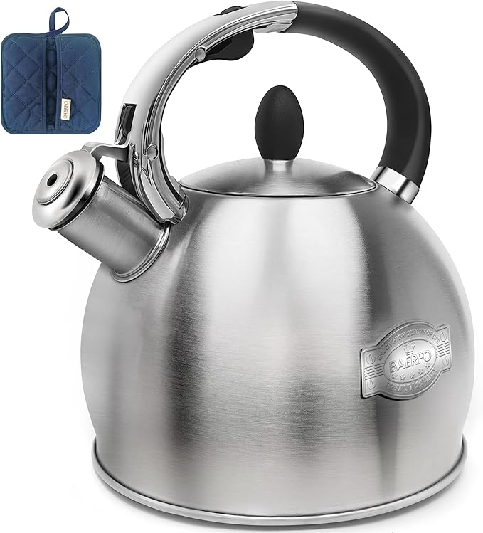 Stainless Steel Whistling stovetop Kettle,Whistling Tea Kettle,Vintage-StyleTeapot for Stove,Durable and Rust-Resistant,With a Pot Holder Included,2.64 Quart(Brushed Style)