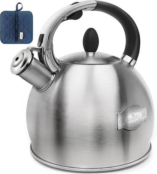 Stainless Steel Whistling stovetop Kettle,Whistling Tea Kettle,Vintage-StyleTeapot for Stove,Durable and Rust-Resistant,With a Pot Holder Included,2.64 Quart(Brushed Style)