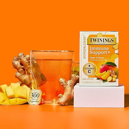 Twinings Superblends Immune Support+ Herbal Tea with Vitamin C, Ginger & Mango Flavoured Green Tea, 16 Tea Bags (Pack of 1), Enjoy Hot or Iced