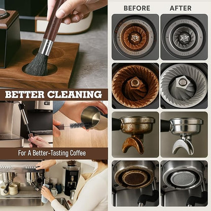 Takavu Coffee Grinder Cleaning Kit – 5pcs Boar Bristle Grinder Brush, Detail Scrub Brush, Steam Wand Brushes & Microfiber Towel for Espresso Machine Coffee Maker Pour Over