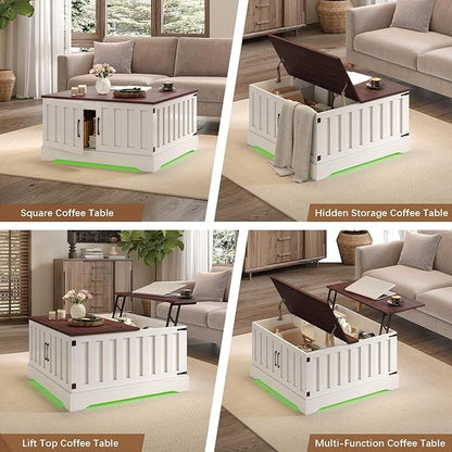 31.5" Lift Top Coffee Table with Storage, Led Square White Coffee Table with Large Hidden Storage, Wood Living Room Table Center Table for Living Room Dining Reception Room