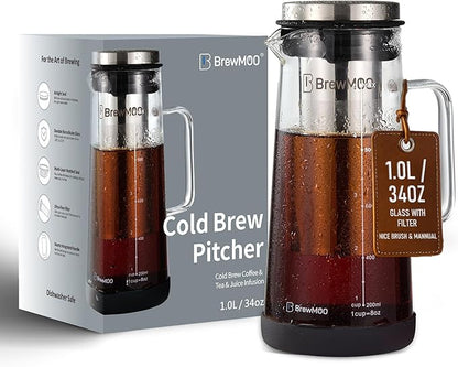 BrewMOO- Airtight Cold Brew Coffee Maker Pitcher, 1.0L/34Oz Thick Glass Carafe with Filter, Comfort Sturdy Handle & Wide Spout, Non-Slip Base | Iced Tea Maker (Black)