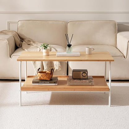 Coffee Table with 2 Tier Storage- Farmhouse Bamboo Coffee Tables, Mid Century Modern Center Table, Tea Tables for Living Room, Bedroom, Office, Patio (Natural)