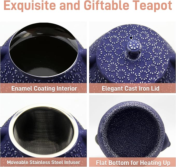 20.3oz Small Cast Iron Teapot, SECHUDO Cast Iron Tea Kettle for Stovetop Safe Coated with Enameled Interior, Cast Iron Tea Pot with Stainless Steel Infuser for Loose Tea (Blue Gerbera Pattern)