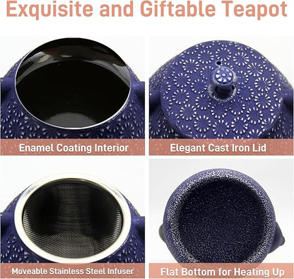 20.3oz Small Cast Iron Teapot, SECHUDO Cast Iron Tea Kettle for Stovetop Safe Coated with Enameled Interior, Cast Iron Tea Pot with Stainless Steel Infuser for Loose Tea (Blue Gerbera Pattern)