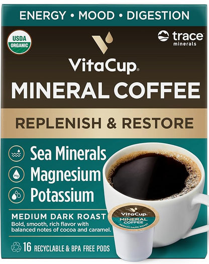 VitaCup Mineral Coffee Pods with Trace Minerals, Hydrate, Replenish & Restore, w/Sea Minerals, Electrolytes, Organic Coffee, Medium Dark Roast, Single Serve Pod Compatible w/Keurig K-Cup Brewers,16 Ct