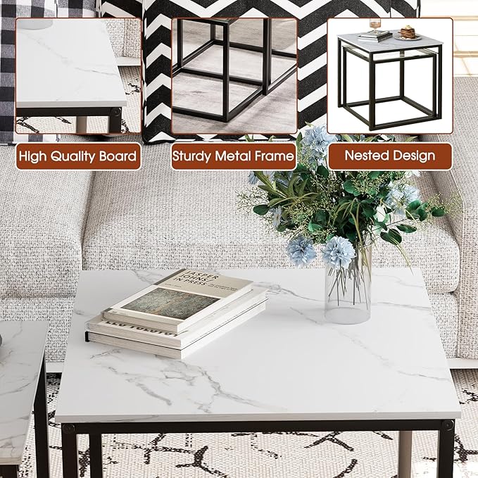 VILAWLENCE Coffee Table Set of 2, Modern Black Wooden Side Table, Metal Frame Square End Table, Center Tables,Nesting Coffee Table for Living Room,Bedroom and Small Spaces