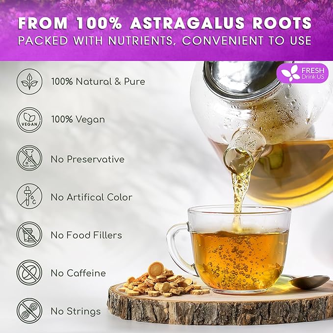 FreshDrinkUS, Premium 75 Astragalus Root Tea Bags, 100% Natural & Pure from Astragalus Root Herbal Tea. Made with Natural Material Tea Bags. No Sugar, No Caffeine, No Gluten, Vegan.