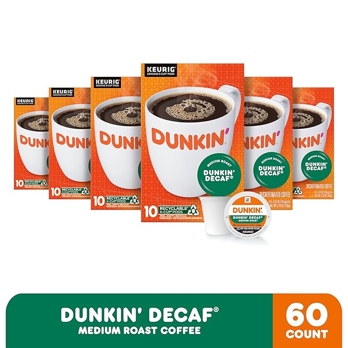 Dunkin' Decaf Medium Roast Coffee, 60 Keurig K-Cup Pods