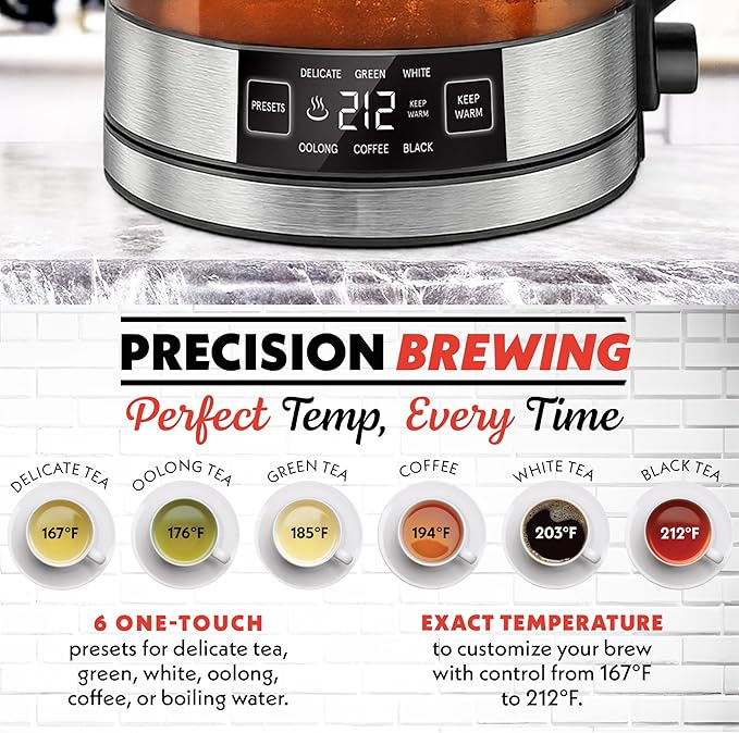 Gourmia Programmable Digital Glass Kettle – 1.7L Adjustable Temperature Electric Kettle with 6 Presets, Keep Warm, Stainless Steel Tea Infuser, 360° Swivel Base, Black