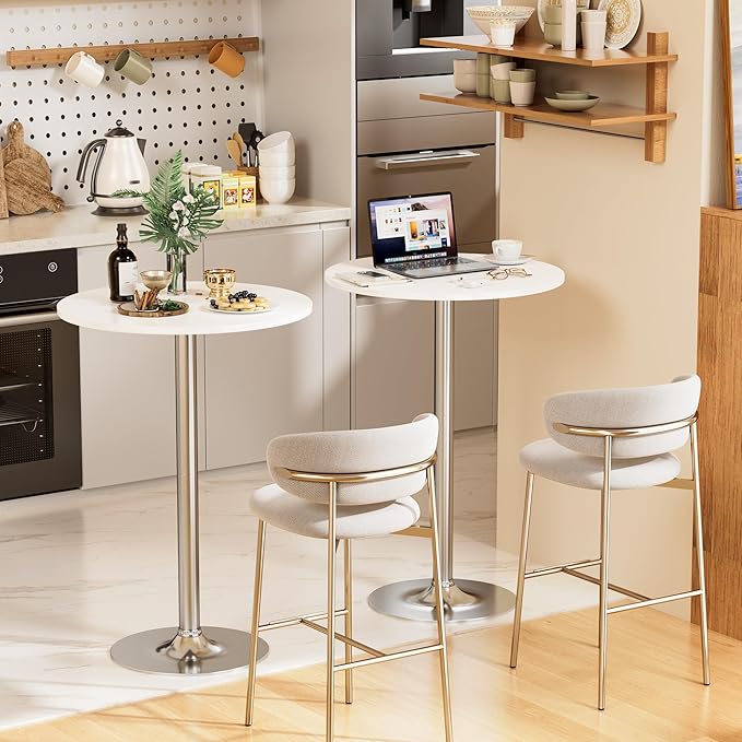 Shahoo Round Bar Table, Cocktail Tables with Metal Base & MDF Top, for Bistro Pub, Cafe, Silver and White