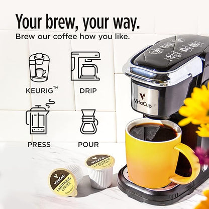 VitaCup Lightning Coffee Pods, for Focus w/ 2X Caffeine, Green Coffee Bean, B Vit, D3, Strong Dark Roast Arabica Beans, Single Serve Pod Compatible with Keurig K-Cup Brewers, 64 Ct (4 Pack of 16 ct)