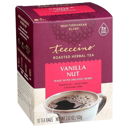 Teeccino Vanilla Nut Herbal Tea - Rich & Roasted Herbal Tea That’s Caffeine Free & Prebiotic for Natural Energy, 10 Tea Bags (Pack of 4)