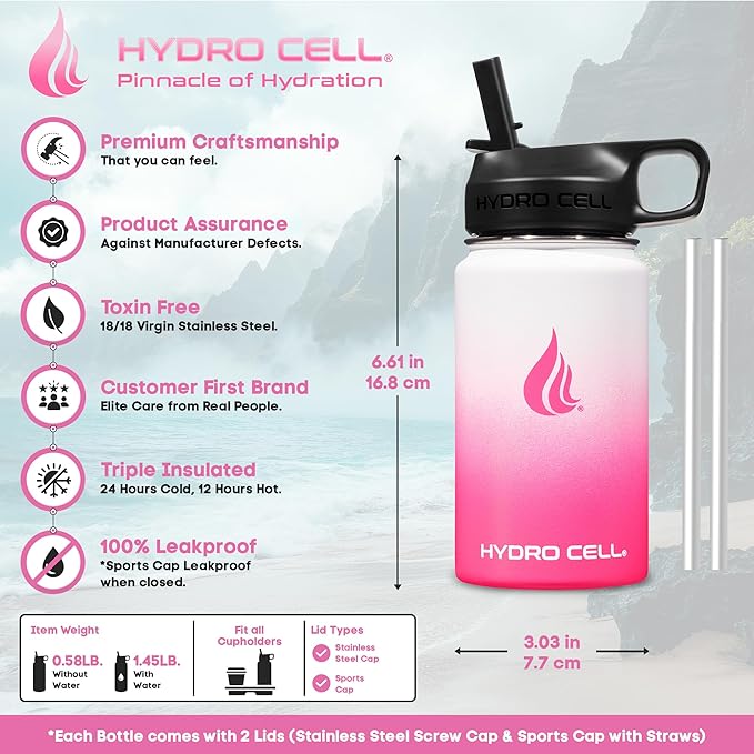 HYDRO CELL Stainless Steel Insulated Water Bottle with Straw - For Cold & Hot Drinks - Metal Vacuum Flask with Screw Cap and Modern Leakproof Sport Thermos for Adults (White/Pink 14oz)