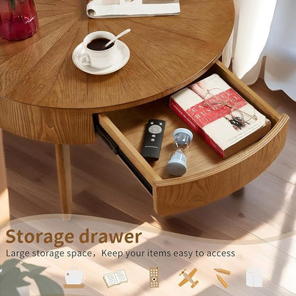 Round Wood Coffee Table for Living Room, Modern Farmhouse Table with Drawer, Wooden Circle Coffee Table, 29.14" L x 29.14" W x 15.87" H