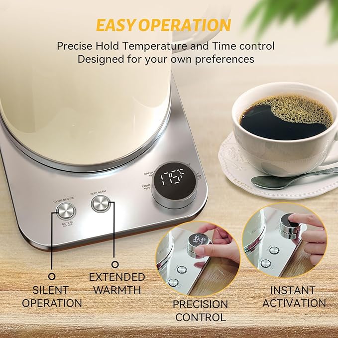 Electric Kettle, 1.8L/1200W, Stainless Steel, Control Buttons, Digital Display Panel, Keep Warm for 12 hours, Auto Shutoff, BPA-Free, Hot Water Kettle for Coffee & Tea, Electroplated handle