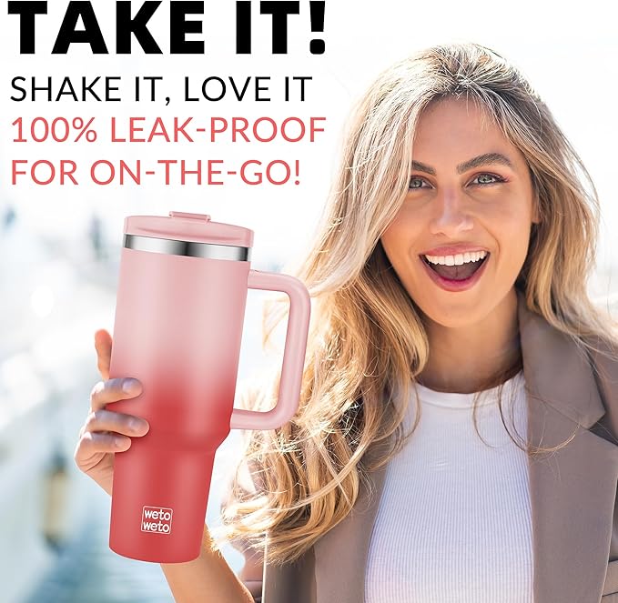 WETOWETO 40oz Tumbler with Handle | Insulated Stainless Steel Travel Mug | 34Hrs Cold & 10Hrs Hot Retention | 100% Leakproof Lid & Straw | Dishwasher Safe + Car Cup Holder Fit (Pink-Red Gradient)