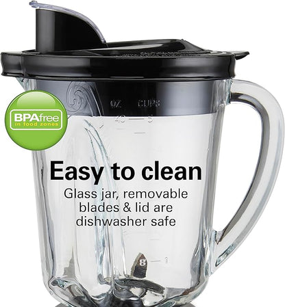 Hamilton Beach Wave Action Blender for Smoothies, Stainless Steel Ice Sabre Blades, 40oz Glass Jar, 800 Watts, Quiet Design, Black (58175)