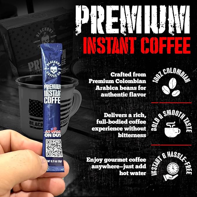 Blackout Coffee Colombian Arabica Instant Coffee – Medium Roast, Strong Aromatic, Single Serve Packets – Premium Quality 32 Count, American Made