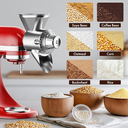 Metal Grain Mill Attachment for Kitchenaid Stand Mixer, Flour Mill Grinder for Kitchen Aid Accessories and Attachments, Fit for Grinding Non-Oily Dry Grain Corn, Coffee Bean, Buckwheat, Oats, Millet
