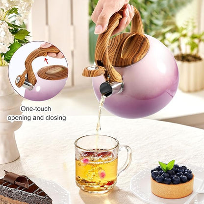 GGC Tea Kettle for Stove Top, 3.1QT/3L Whistling Tea Kettles for Boiling Water Coffee or Milk, Purple Tea Pot with Wood Parttern Handle, Stainless Steel Tea Pot for Home and Kitchen