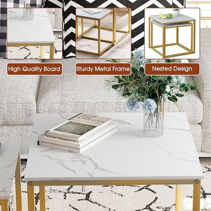 VILAWLENCE Coffee Table Set of 2, Modern Gold Wooden Side Table, Metal Frame Square End Table, Center Tables,Nesting Coffee Table for Living Room,Bedroom and Small Spaces